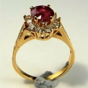 Yellow Gold Plated Silver 2Ct Oval Round Red Ruby Simulated Diamond Vintage Ring